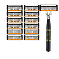 Black six-layer finger-type handle for a manual shaver cutter head with assorted blade rests.