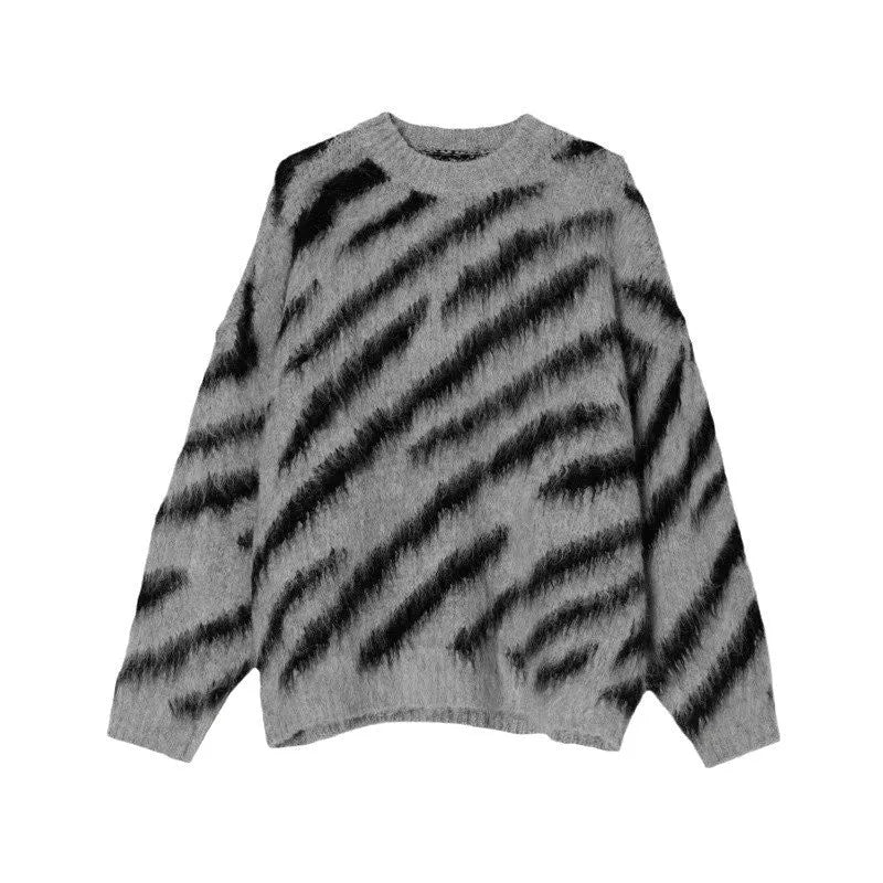 Men's zebra stripe retro cardigan loose knit sweater in cotton blend, gray and apricot colours