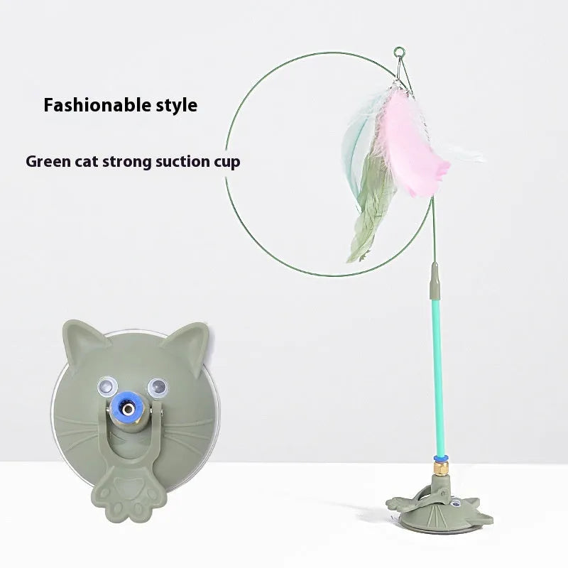 Cat teaser wand toy with suction cup base and colourful cat face attachment