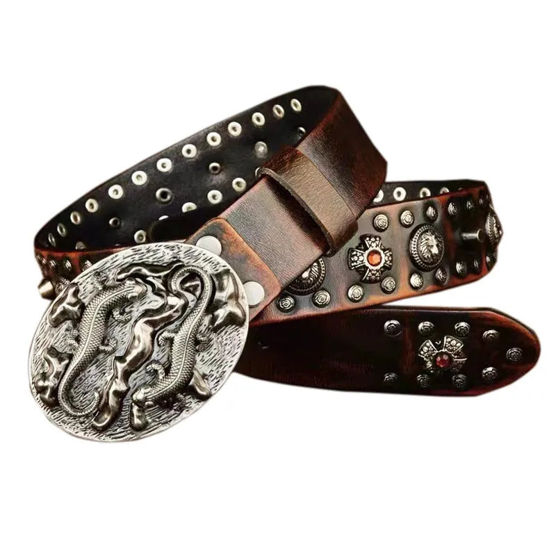 Men's black punk rivet leather belt with alloy buckle shown on a flat surface.