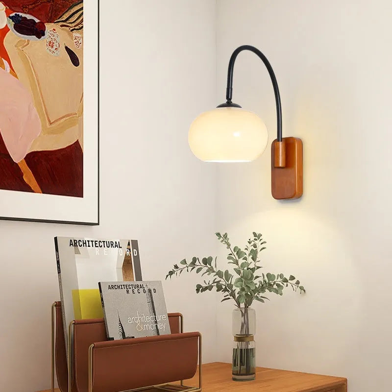 Retro wall LED lamp with 32cm milky white glass shade and iron body, walnut or log colour