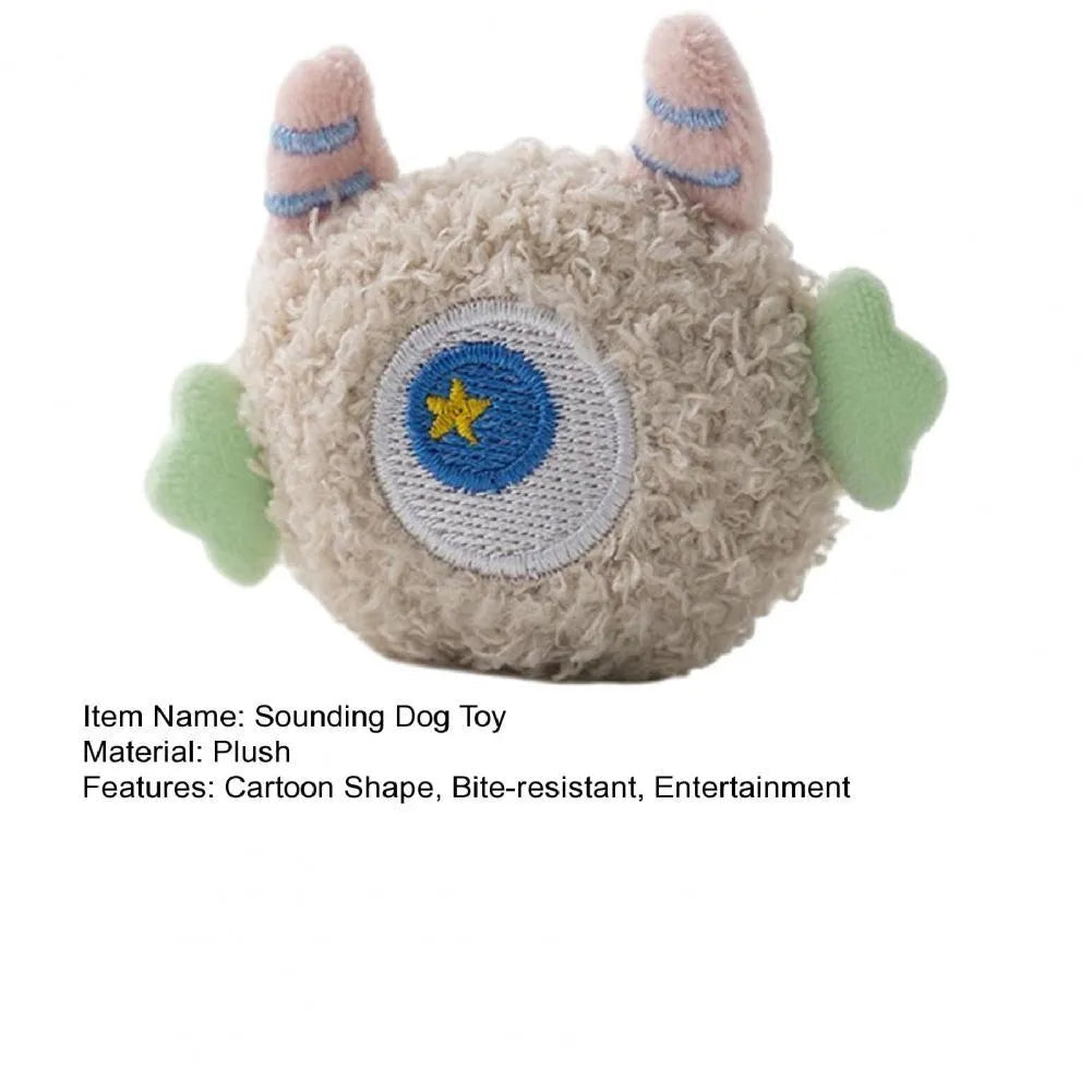 Cartoon plush dog chew toy with big eyes and squeaky sound feature.