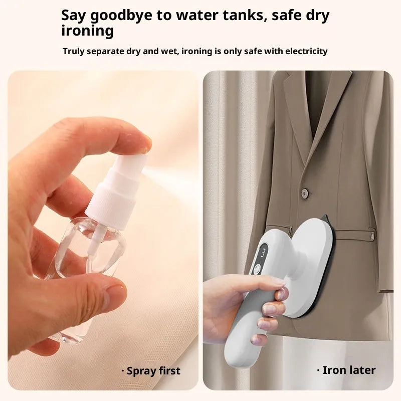 White plastic wireless mini portable pressing machine with USB power and 3-step thermostat on a neutral background