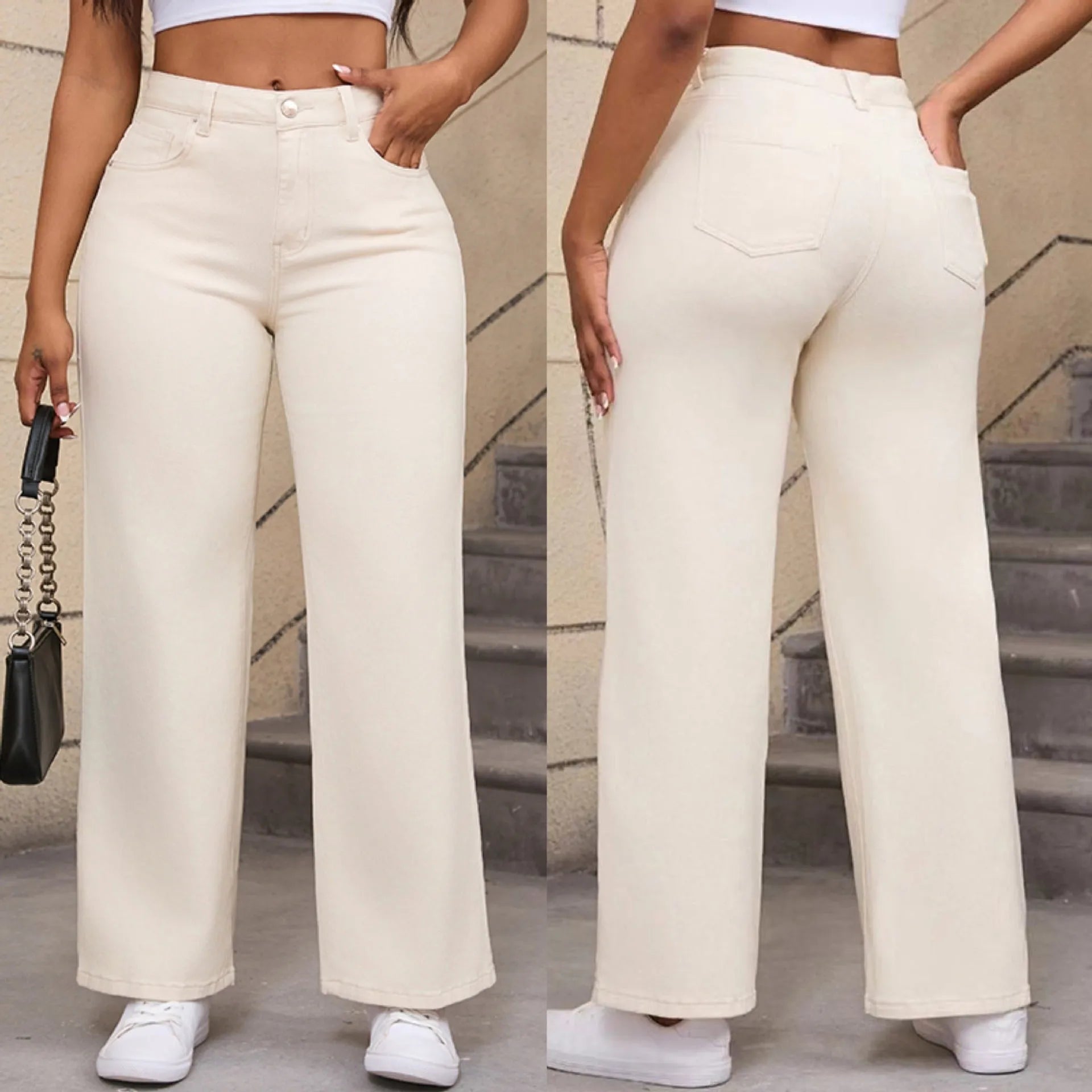 Women's high-waist straight wide-leg jeans in apricot colour on a hanger.