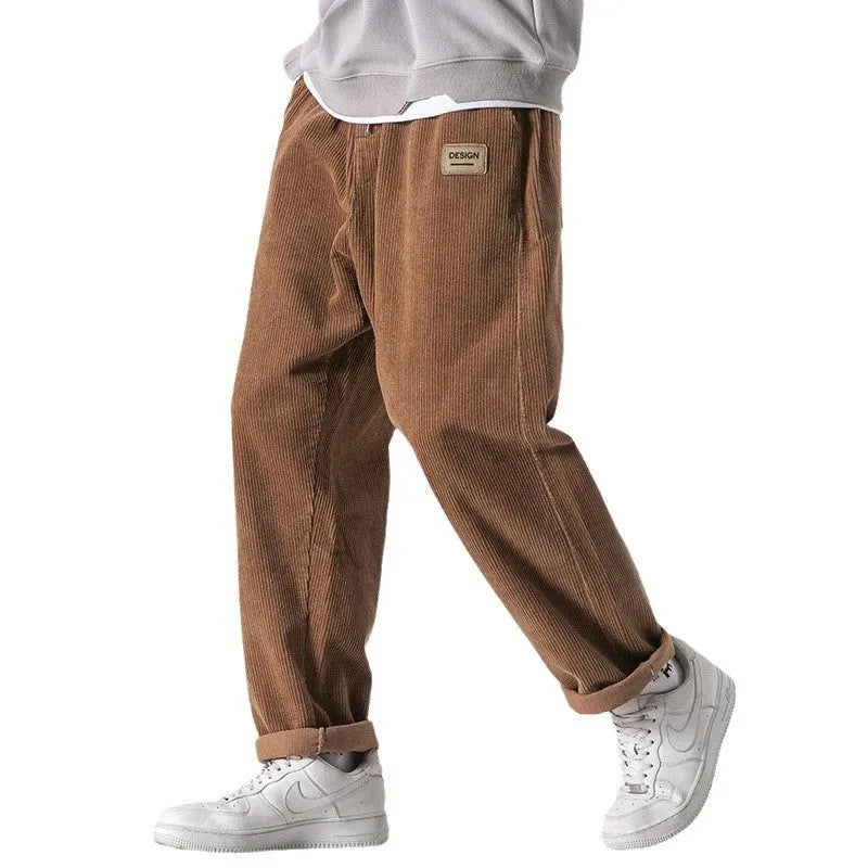 Men's loose straight corduroy sports trousers in Army Green colour with mid-waist design
