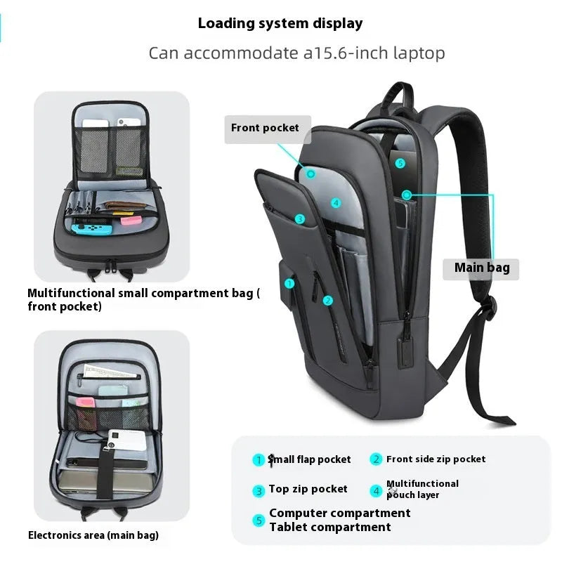 Lightweight Oxford cloth business travel backpack for men in dark grey colour with sewing line details