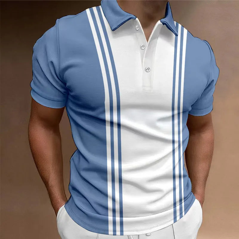 Men's casual T-shirt with 3-button lapel printing in loose pullover style and short sleeves