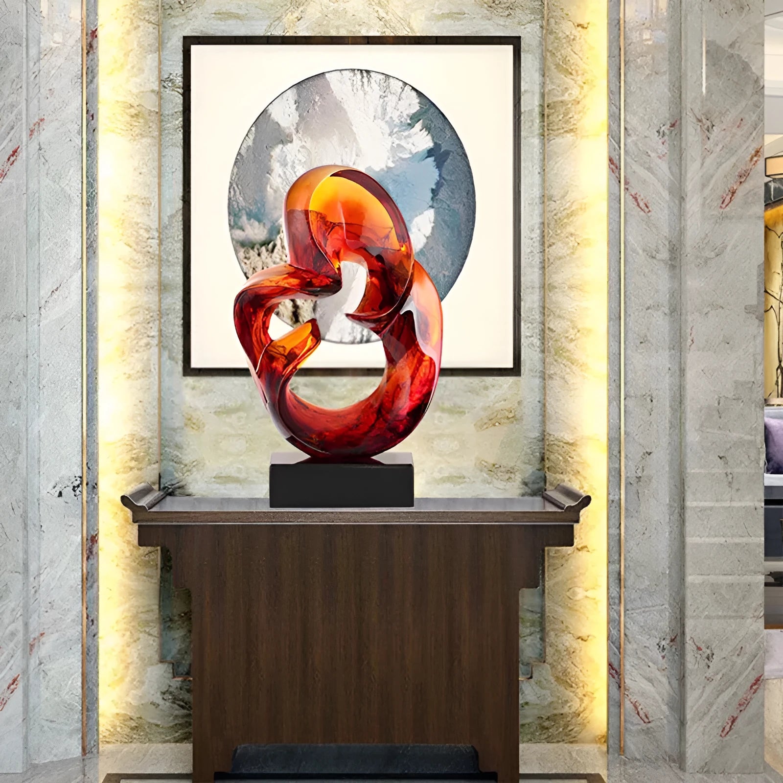 Glass transparent resin craft ornament sculpture in modern simplicity style, shown in orange red and blue colour options.