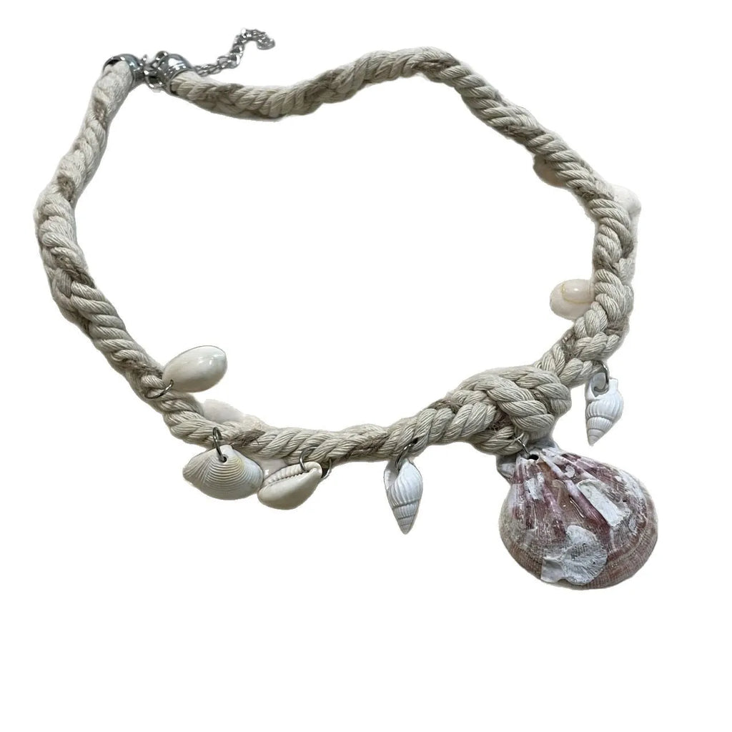 Fashionable casual shell pendant braided rope necklace for women, adjustable 51-60cm, electroplated finish, main image style