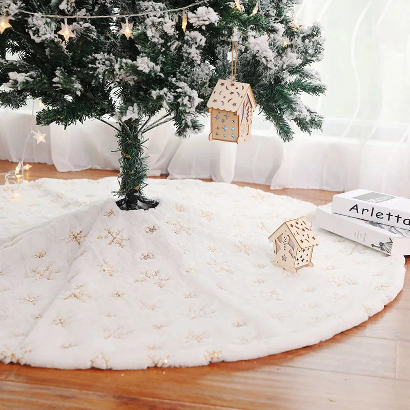 Christmas sequin embroidered tree skirt in silver on floor under decorated tree, 90cm or 122cm imitation rabbit fur polyester