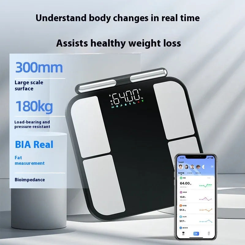 Black electronic weighing scale with tempered glass platform and colour screen displaying body metrics.
