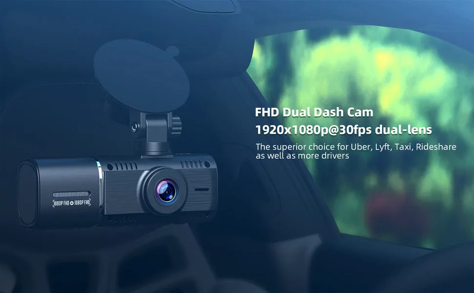Black dual-channel car dash cam on windscreen mount with rear camera cable.
