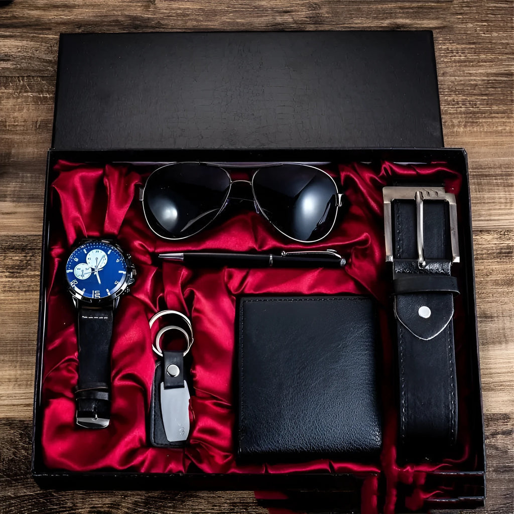 Black leather gift box set with sunglasses, belt, watch, wallet, key chain, and pen