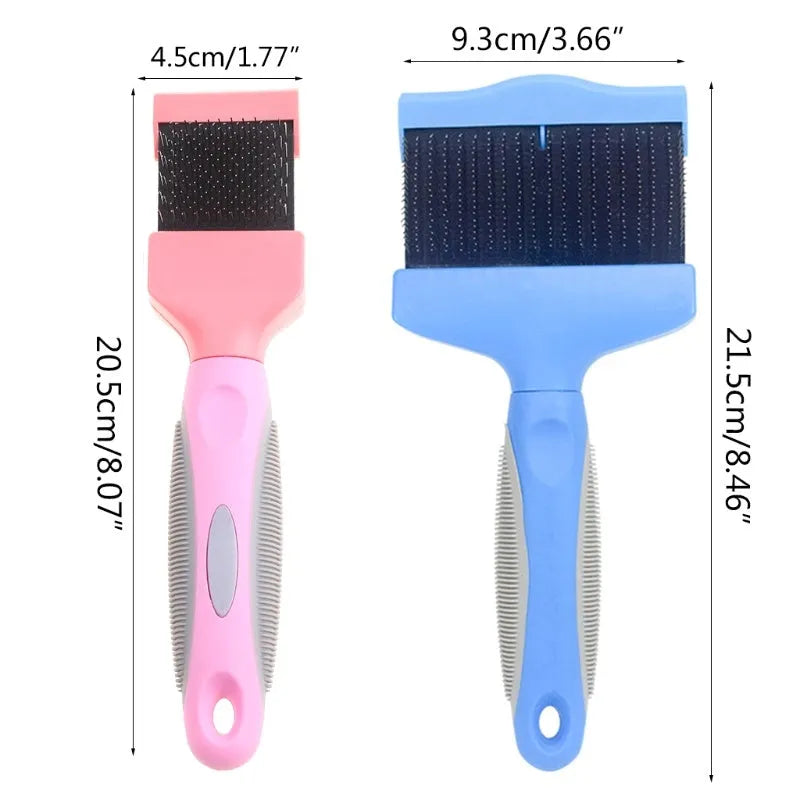 Double-sided stainless steel pet brush for dogs and cats in blue or pink with ergonomic handle