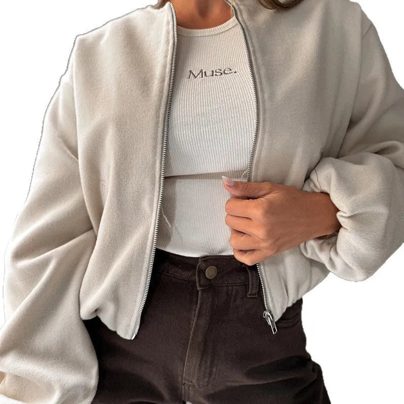 Women's brown lantern sleeve short coat with off-shoulder round neck and loose fit