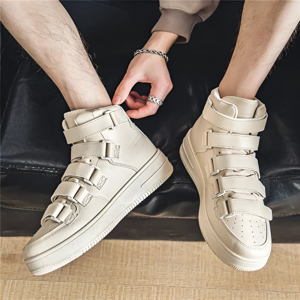 Men's high-top board shoes in black with white sole, lace-up front, artificial PU upper, and round toe on a white background