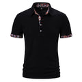 Men's navy blue polo shirt with a white-stitch detail on the turnover collar, short sleeves.