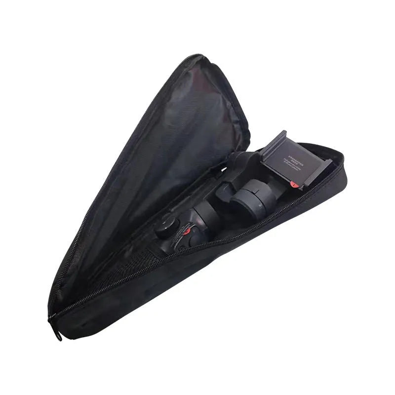 Black water-resistant cloth storage bag for a mobile phone gimbal, shown open to reveal padded interior and organisation compartments.
