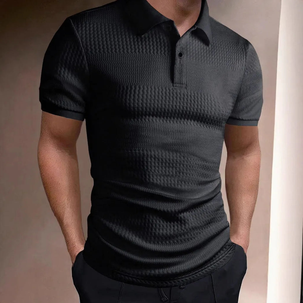 Men's loose-fit striped polo shirt in light blue with an asymmetric hem and short sleeves.