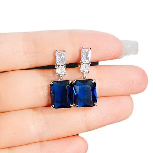 Blue contrast zircon earrings in geometric copper frame with electroplated blue finish