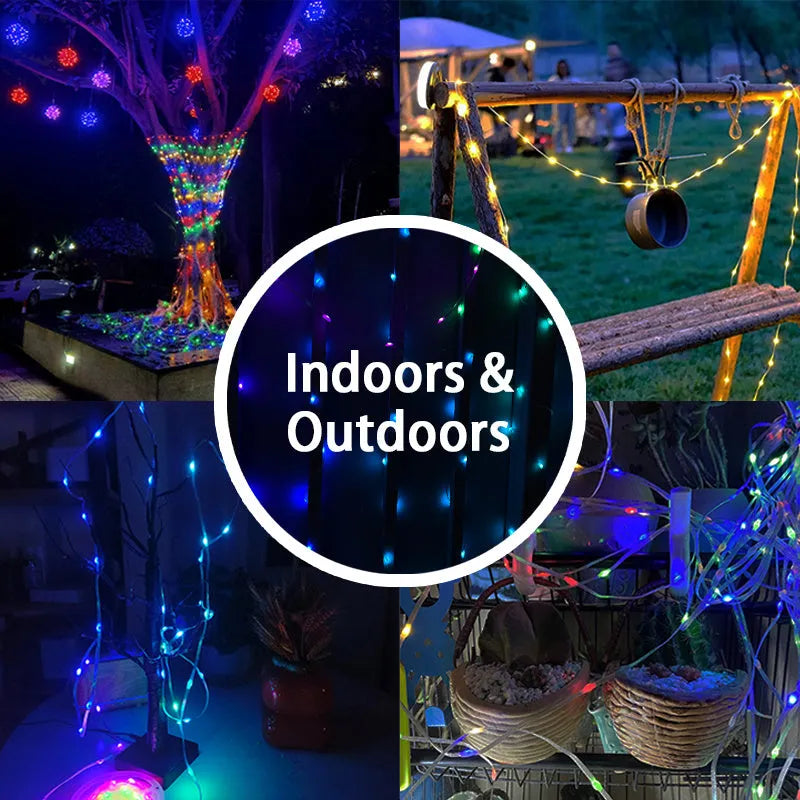 Long 10-metre multi-colour LED party light string with 100 lights coiled on a reel.
