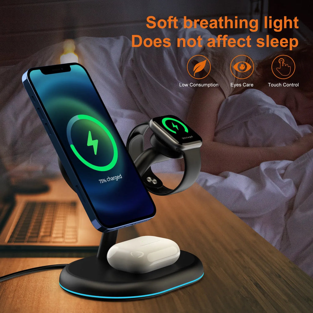 Black round wireless charging station with iPhone attached magnetically, Apple Watch on puck, and AirPods case on Qi spot.