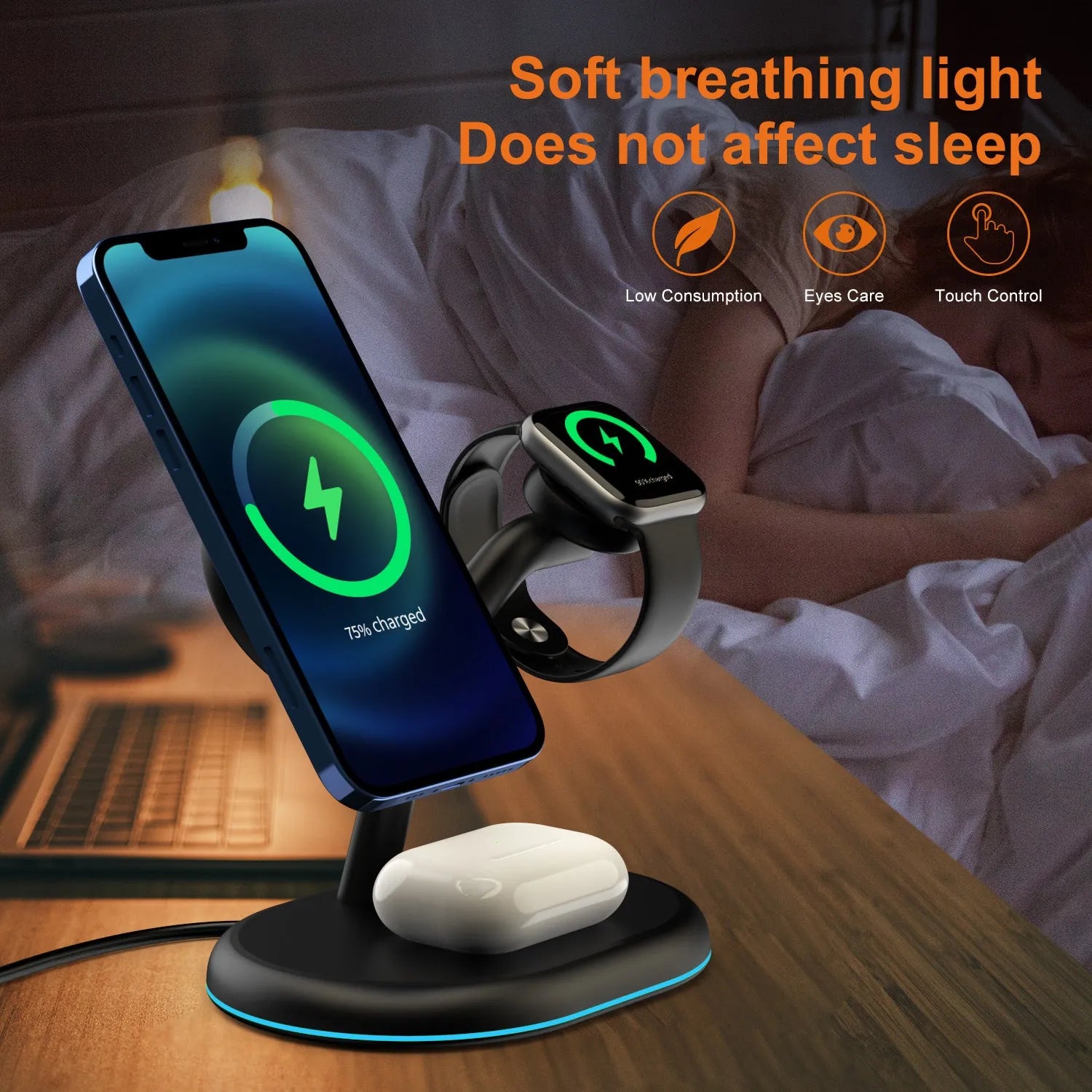 Black round wireless charging station with iPhone attached magnetically, Apple Watch on puck, and AirPods case on Qi spot.