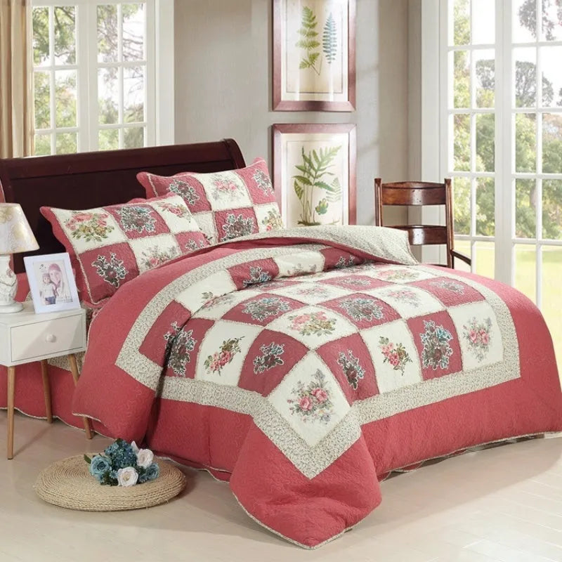 Pure cotton quilted three-piece bedding set with bed cover and two pillowcases in a Korean bedspread style.