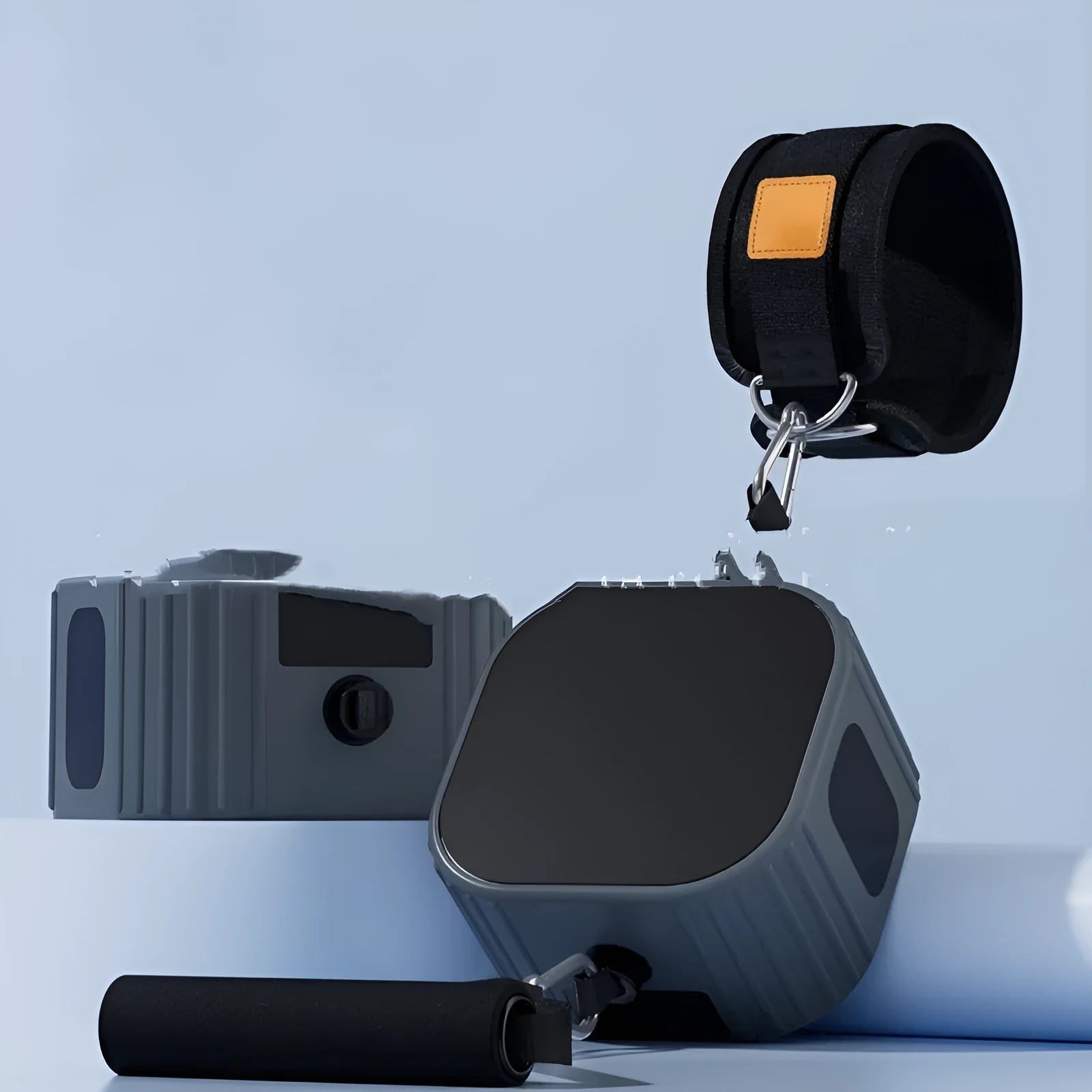 Multifunctional chest expander and rowing trainer in blue-grey or orange-grey colours with adjustable resistance