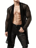 Black men's long-sleeve mesh cardigan with see-through hollow-out design, loose fit, sizes S to XXXL.