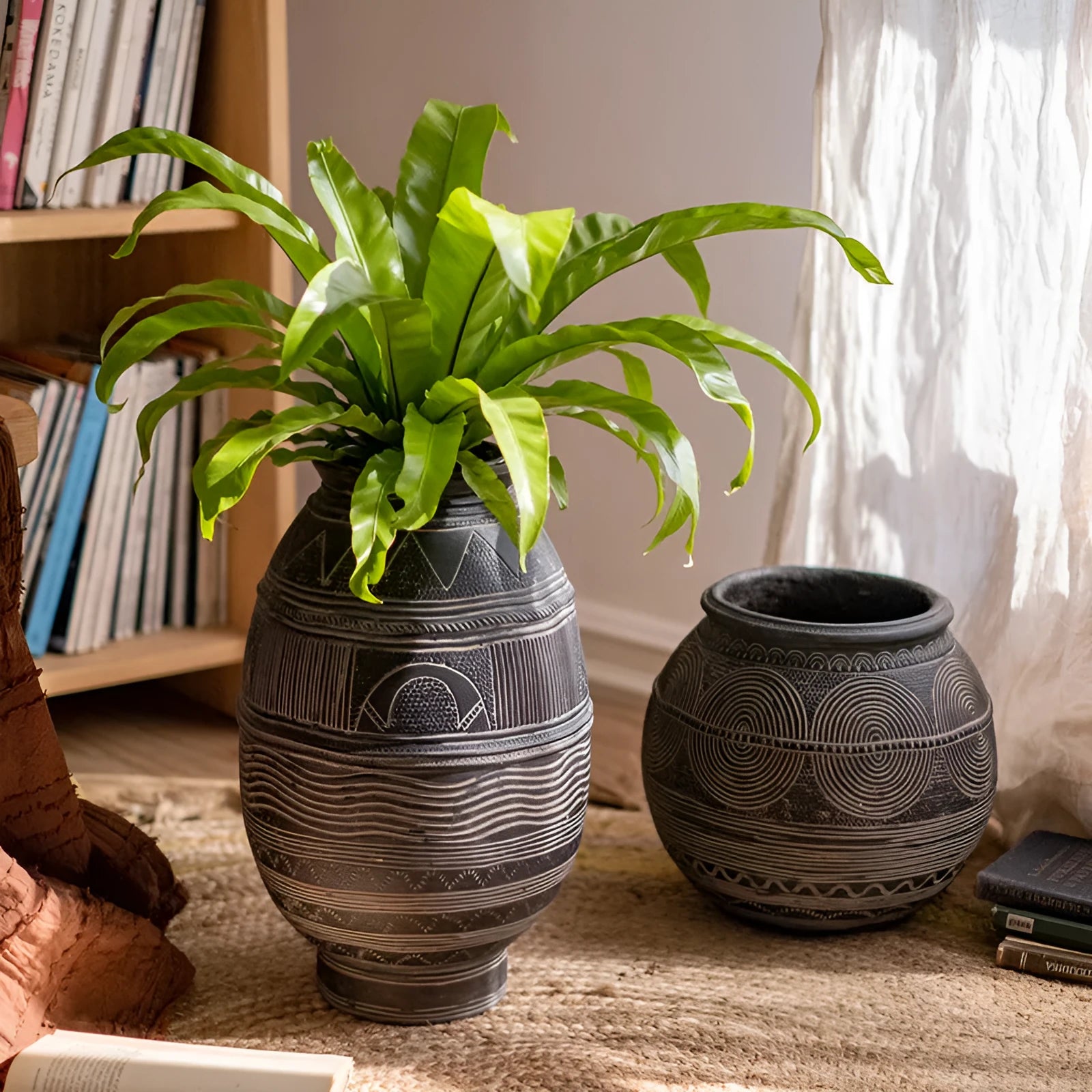African art cement flower pot with textured finish and drainage holes for indoor outdoor plants