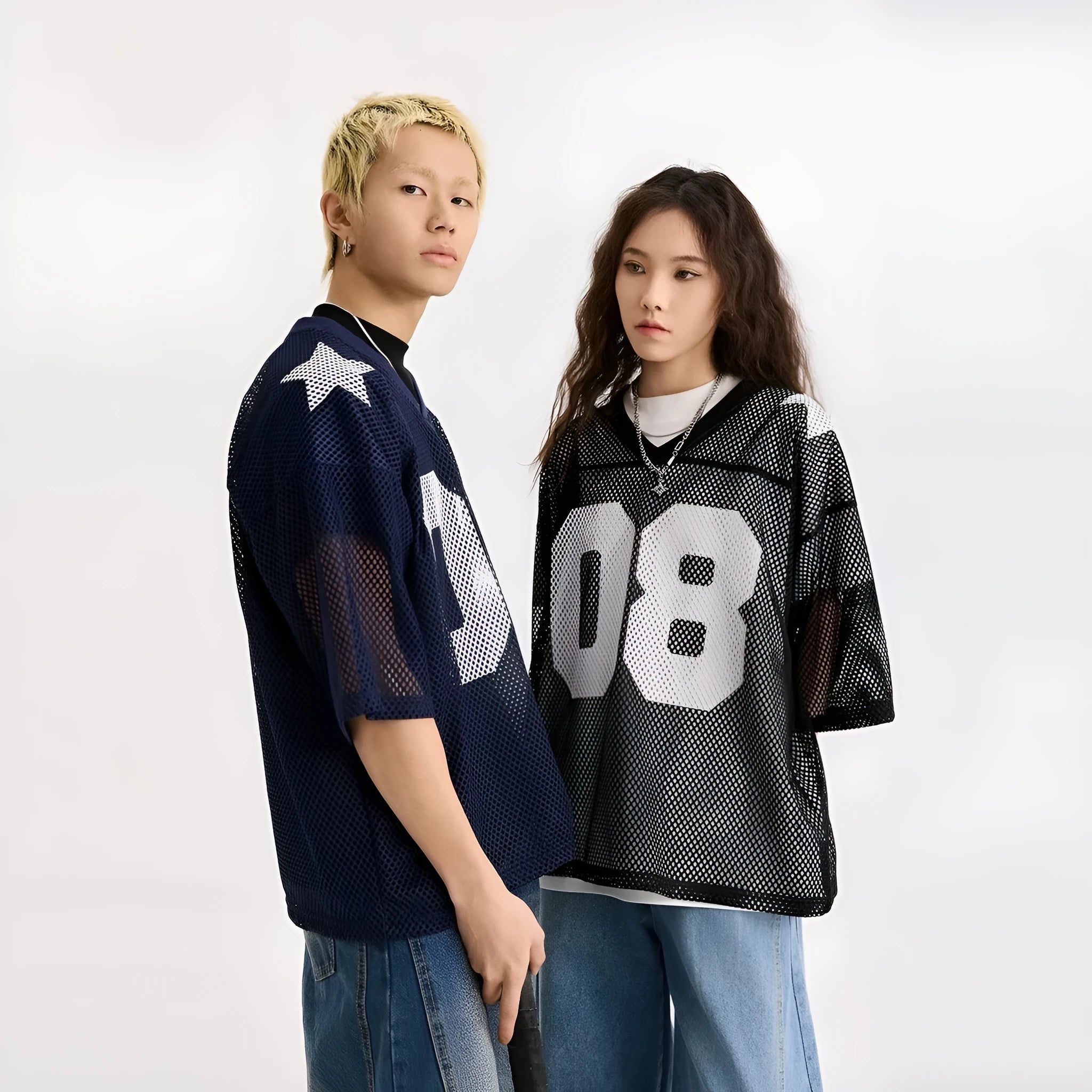 Black and navy blue half sleeve polyester shirt with loose fit pullover design