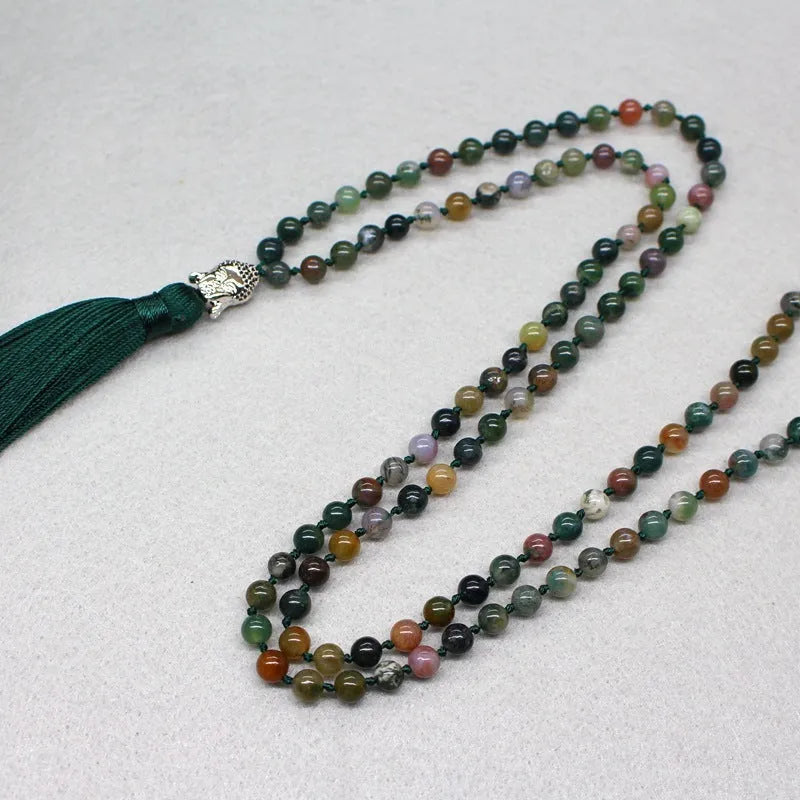 108-bead natural India agate necklace with 6mm geometric stone beads.