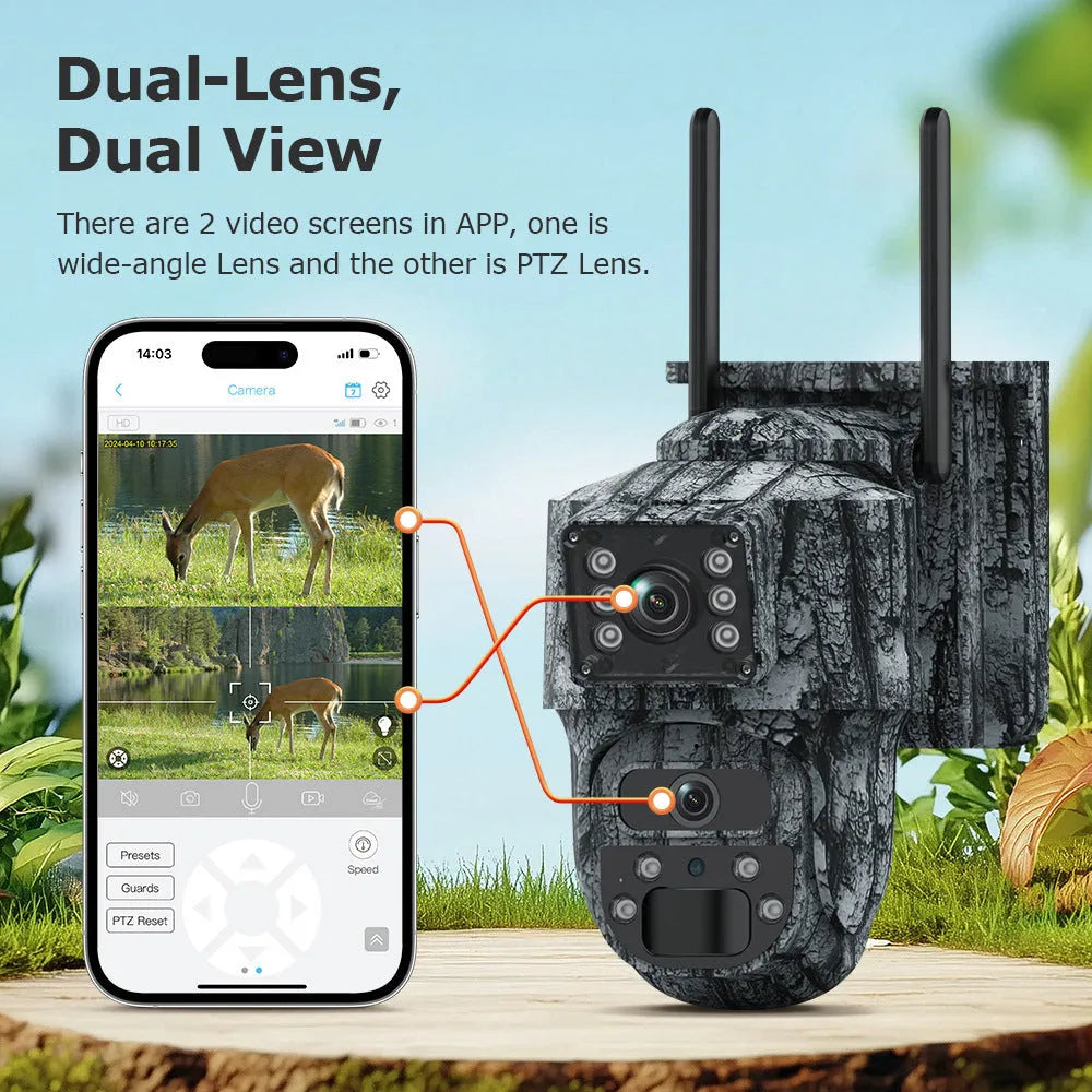 Solar surveillance camera 6MP HD dual screen IP66 waterproof with solar panel and built-in lithium battery, dimensions 190*205*160mm