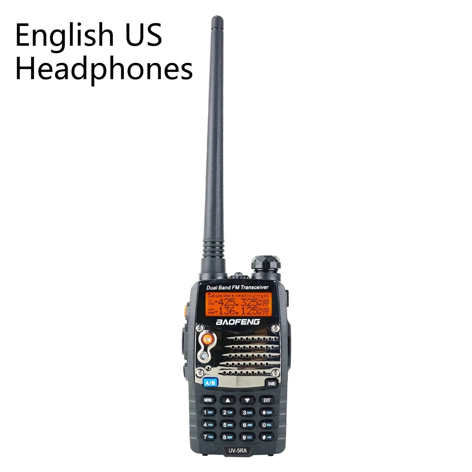 Baofeng UV-5RA black handheld dual-band two-way radio with dual display and antenna
