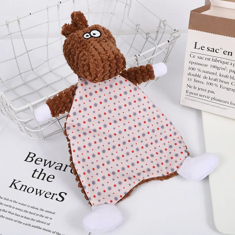 Brown, grey, and orange fox and elephant pet stuffed toys with velvet fabric and sound paper