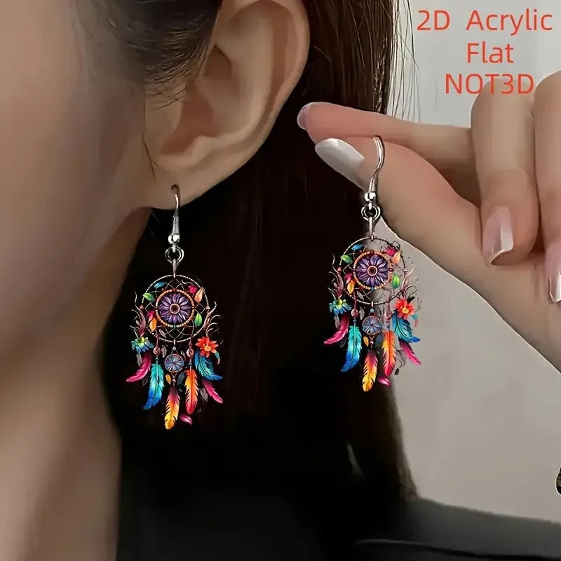 Flat acrylic earrings with printed dreamcatcher pattern in geometric shape, unisex design