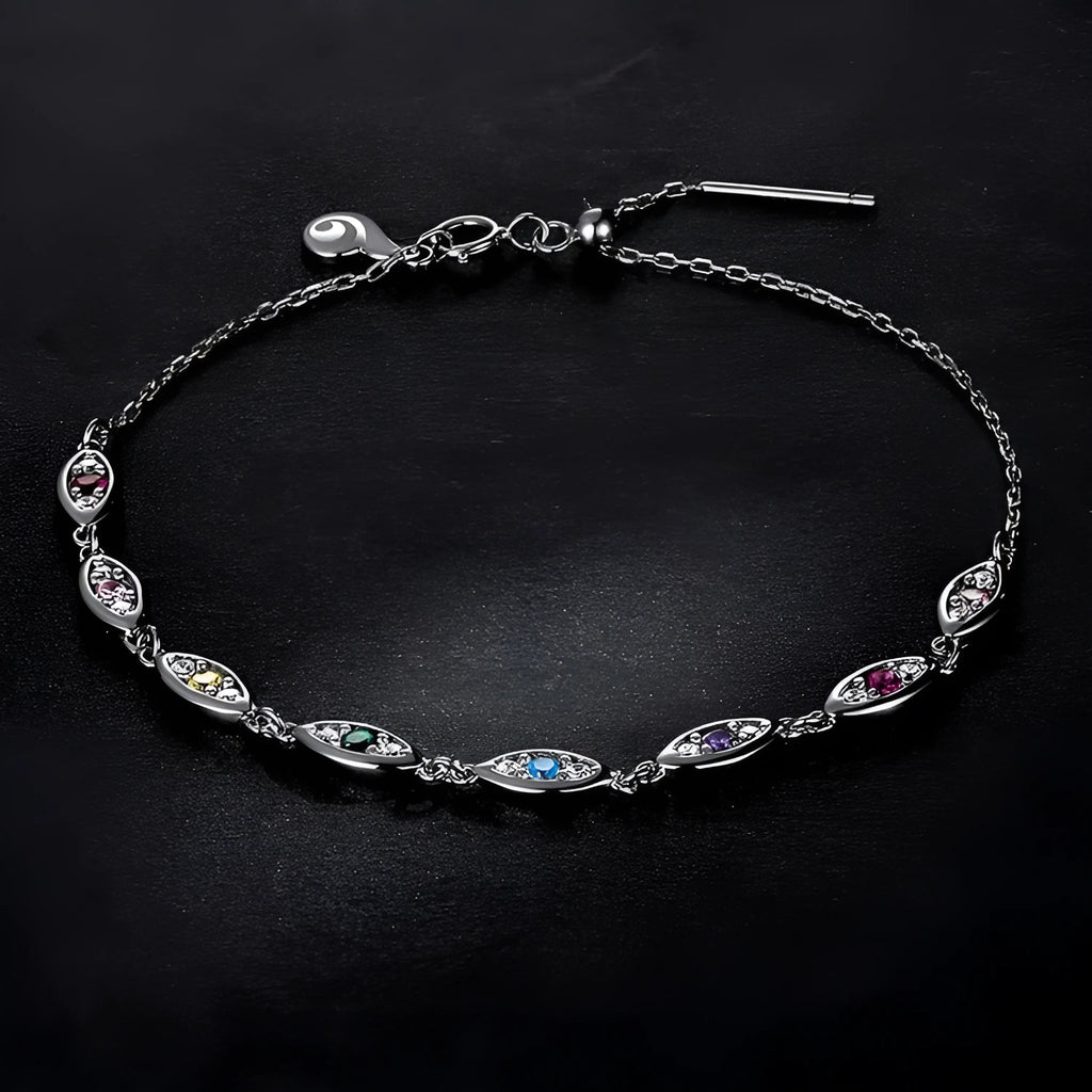 Platinum colourful devil's eye bracelet for women, silver electroplated finish, cold wind style, clasp closure