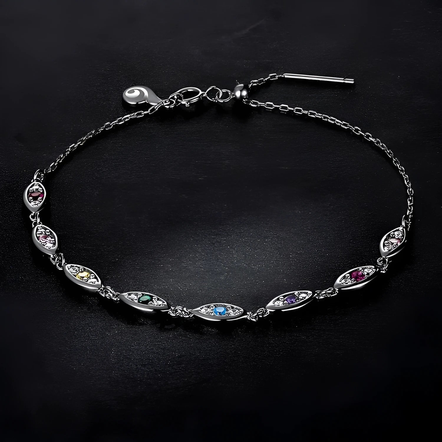 Platinum colourful devil's eye bracelet for women, silver electroplated finish, cold wind style, clasp closure