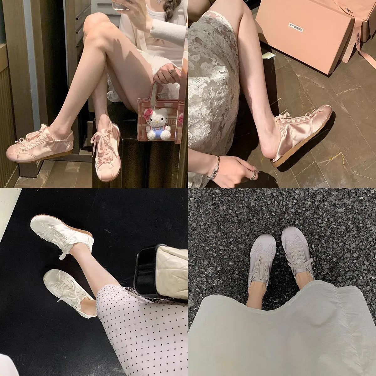 Women's satin ballet flats in champagne pink with round toe and front lace-up closure.