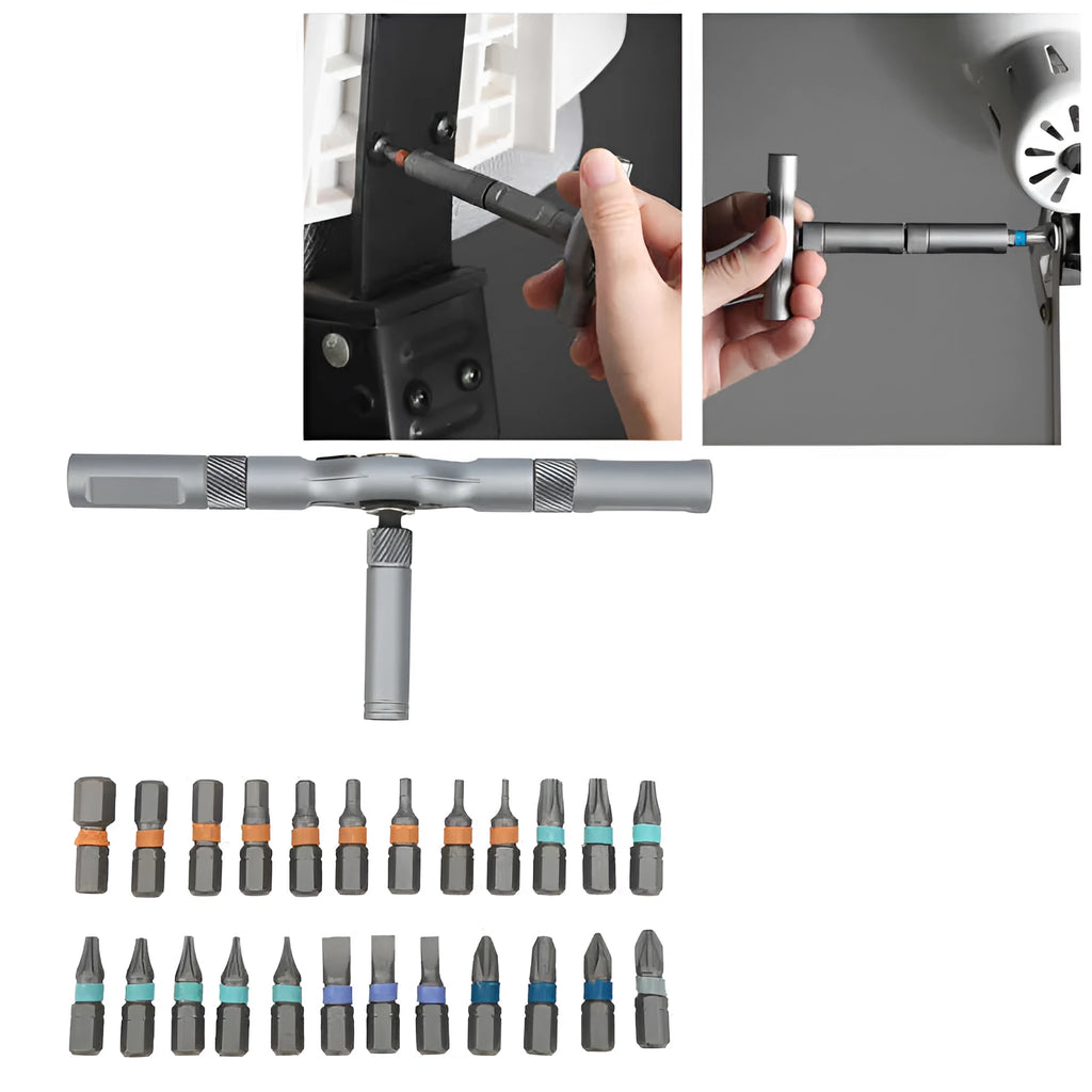 24 in 1 ratchet screwdriver set with S2 alloy steel bits and black handle on white background