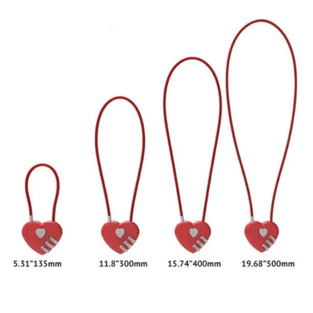 Peach heart shaped combination lock with a long black steel cable, shown in blue plastic.