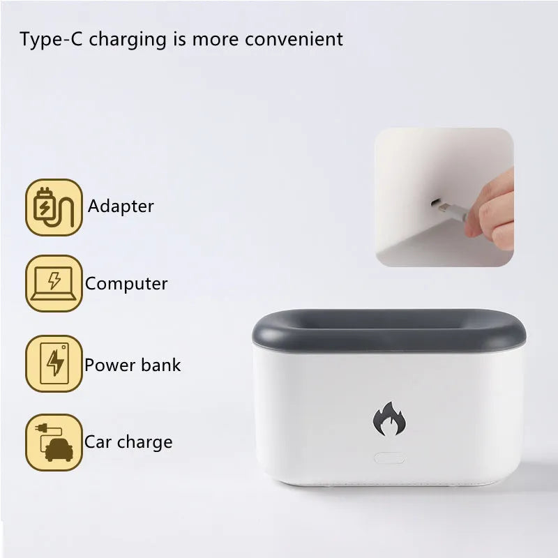 3D flame ultrasonic humidifier with 300ml water tank in white on a wooden desk