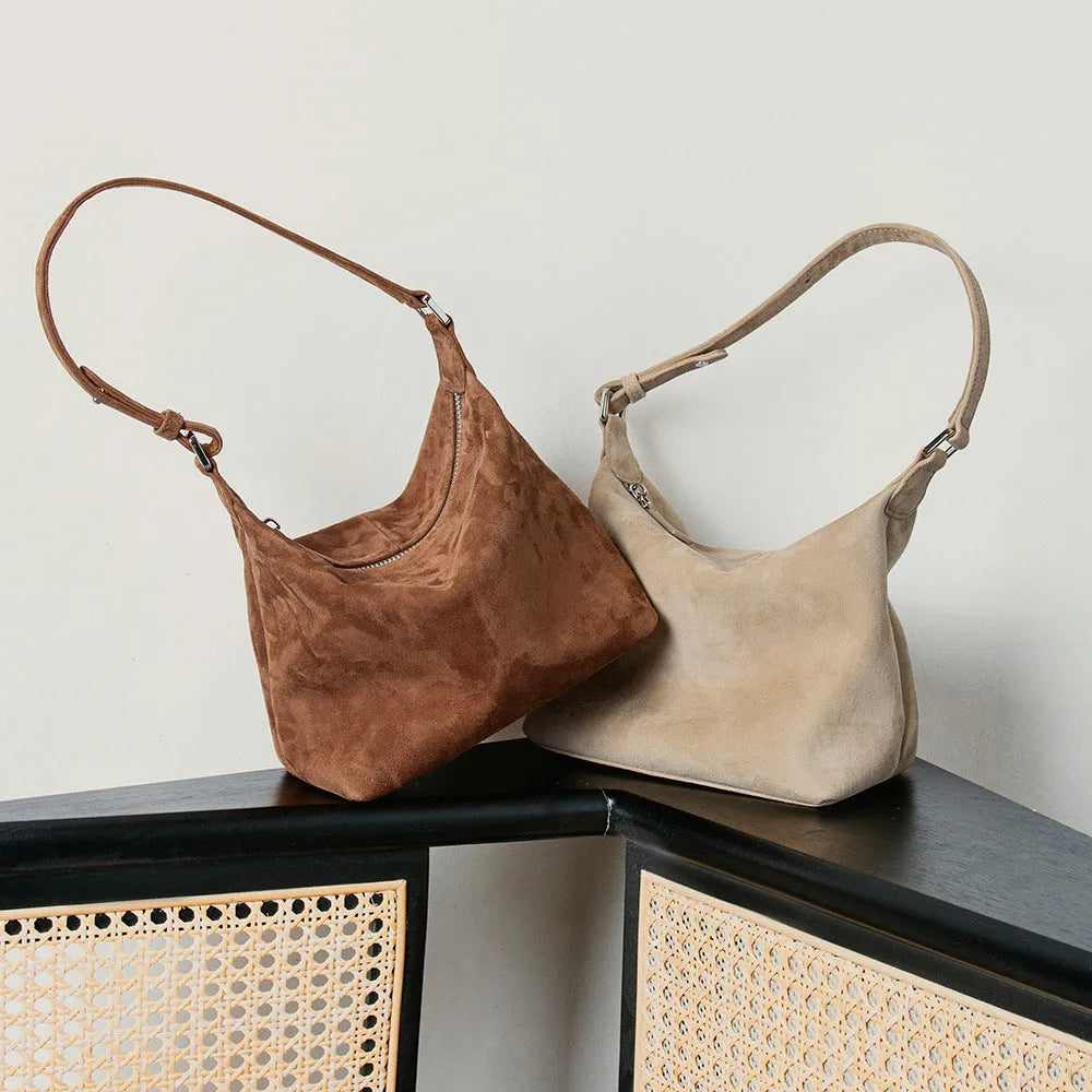 Large capacity goat skin suede pillow-shaped tote bag with sewing thread detail, 20x11x13cm, available in nine colours