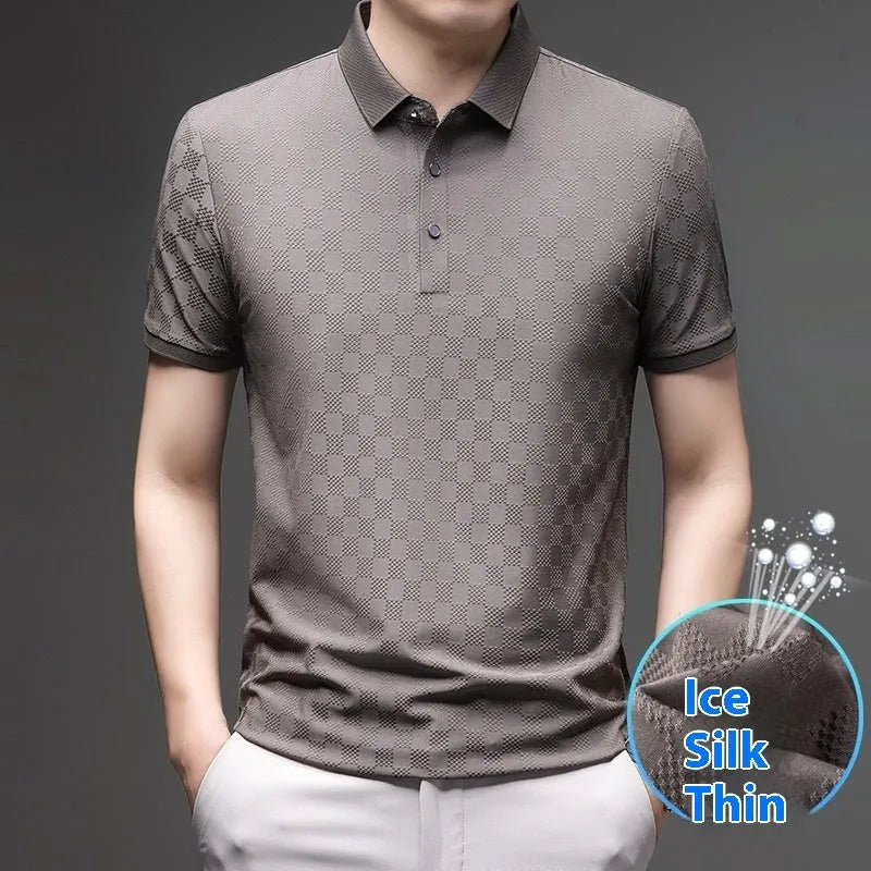 Rhombus patterned thin ice silk short sleeve t-shirt for men in black with a slit detail.