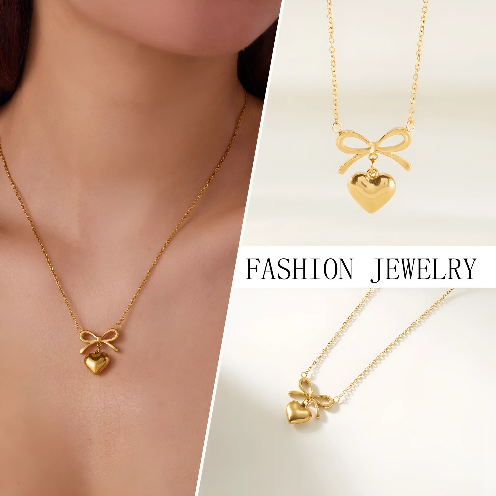 Stainless steel love heart bowknot choker necklace for women, adjustable 41-50cm, waterproof fine jewellery