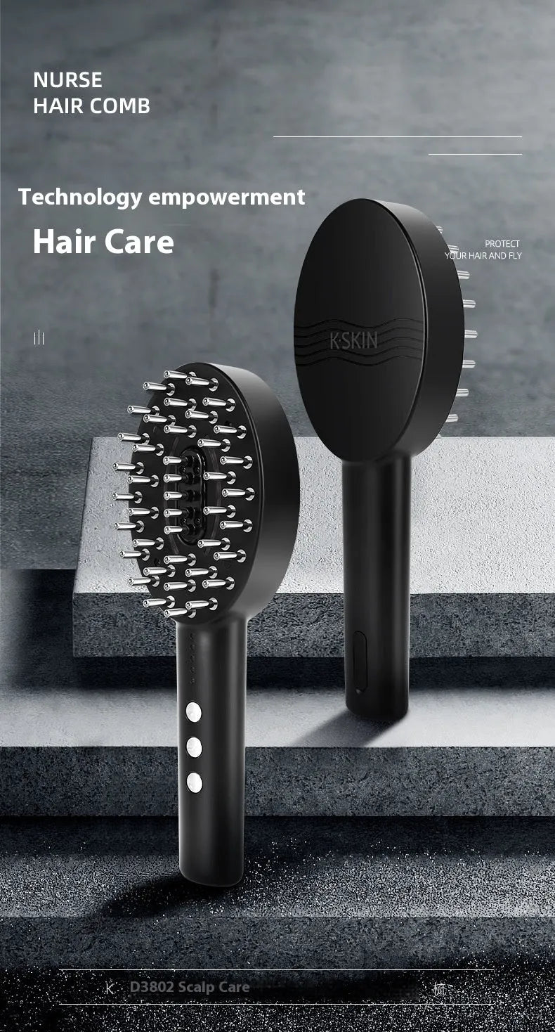 Handheld KD3802 Black scalp massage device with USB charging cable on a plain background.
