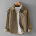 Men's cotton corduroy long sleeve shirt with lapel collar, button front and chest pocket in khaki, green or grey blue