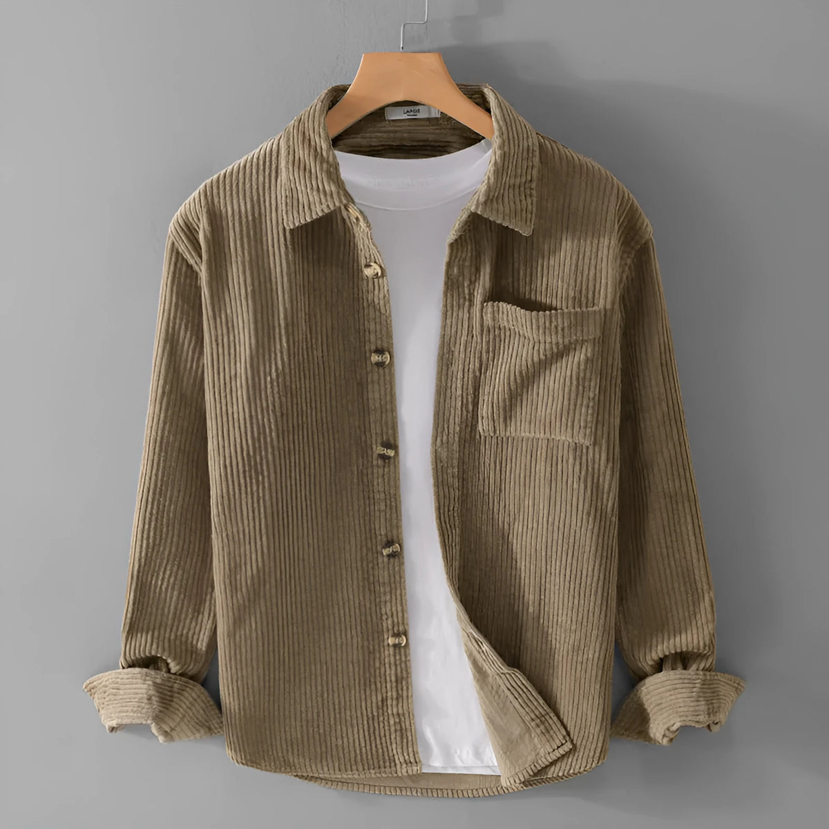 Men's cotton corduroy long sleeve shirt with lapel collar, button front and chest pocket in khaki, green or grey blue