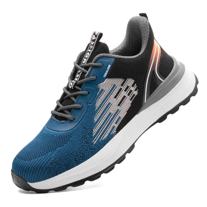 Blue men's safety work shoes with plastic toe cap and Flyknit mesh upper